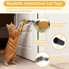 Jouet Tocirelo oiseau interactif pendu bleu, sons réalistes pour éveil du chat.