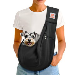 Tomkas sling ouverture grande pour faciliter l’installation du petit chien