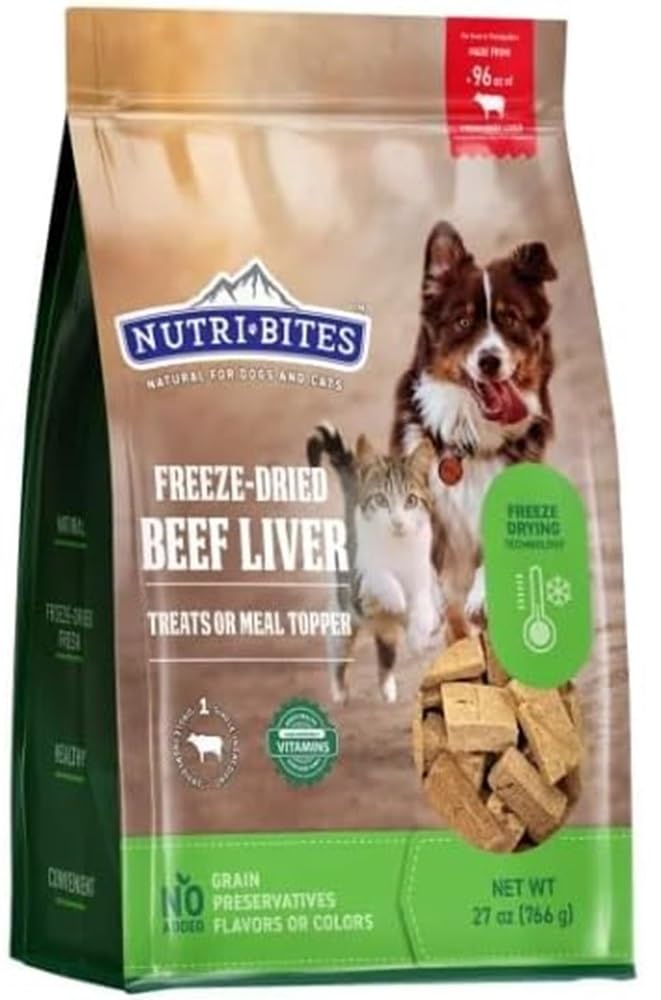Tomo Wellness NutriBites Foie de Boeuf lyophilisé, friandise protéinée idéale pour chiens et chats.