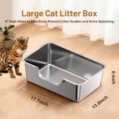 Tondid Boîte Litière Chat Acier Inox avec côtés hauts pour réduire éclaboussures