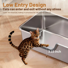 Tondid Boîte Litière Chat Acier Inox entrée bas de 3 pouces pour chats timides