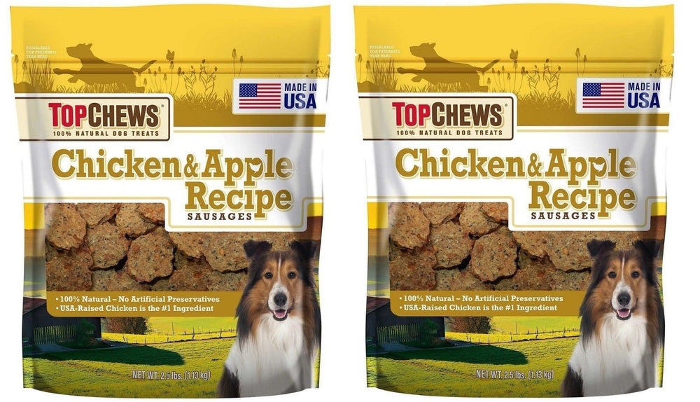 Top Chews Saucisses Poulet et Pomme — friandise naturelle pour chien, pratique et savoureuse.