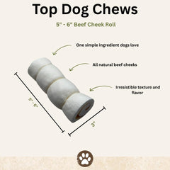 Pack de 5 rouleaux Top Dog Chews joue de bœuf, option pratique.