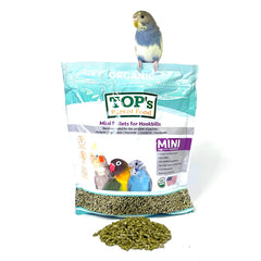 TOP's Parrot Food granulés mini emballage pratique pour l'alimentation quotidienne des oiseaux.