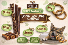 Totally Animal Bully Sticks sans cuir naturel, option saine pour mastiquer.