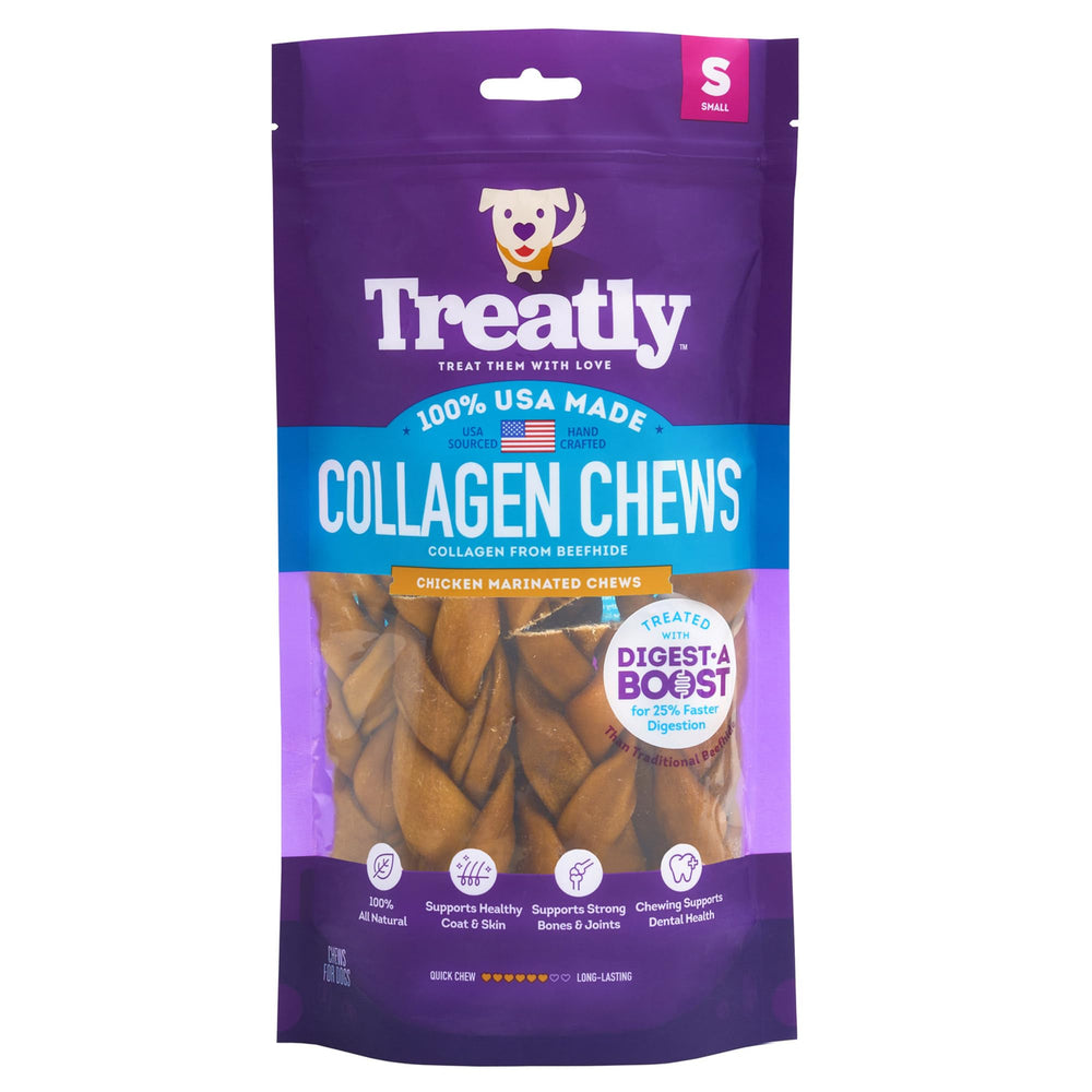 Treatly torsades collagène poulet, friandise à mâcher durable pour chiens actifs.