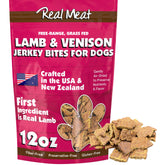 Friandises TRMC pour chiens, sachet 340 g, viande agneau et venaison séchées à l air, goût riche.