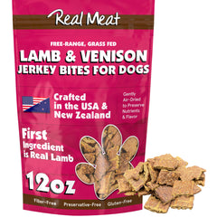 Friandises TRMC pour chiens, sachet 340 g, viande agneau et venaison séchées à l air, goût riche.