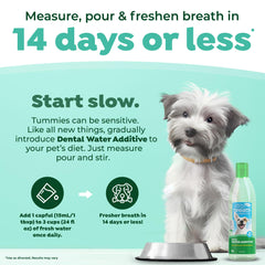 TropiClean Haleine Fraîche — bouteille, utilisation quotidienne sans brosse pour chien.