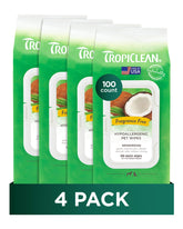 Lingettes TropiClean hypoallergéniques pour pattes et visage, nettoyage rapide et sans parfum.