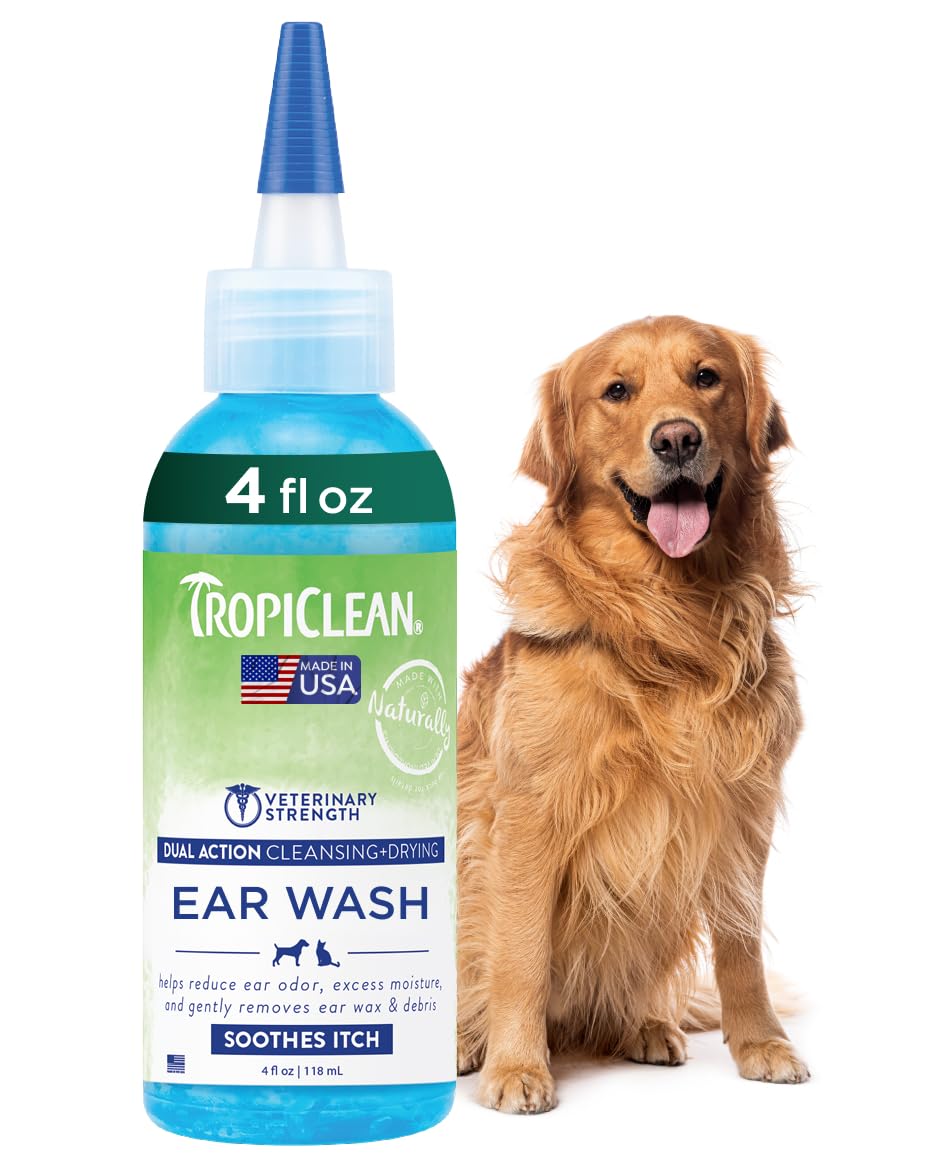 TropiClean nettoyant oreilles chien, flacon 4oz prêt à l'emploi pour un nettoyage en douceur.