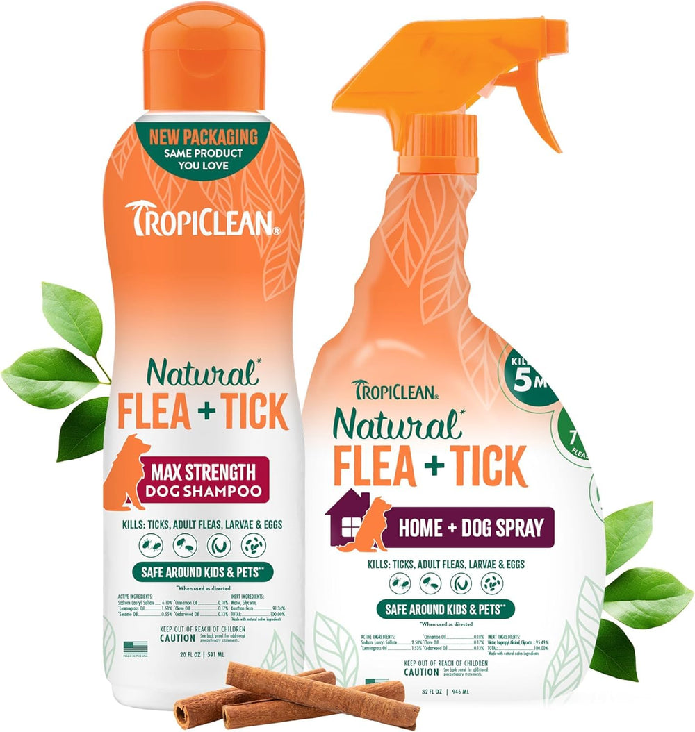 TropiClean Shampoing Puces et Tiques pour chien, flacon visible, parfum citronné durable.