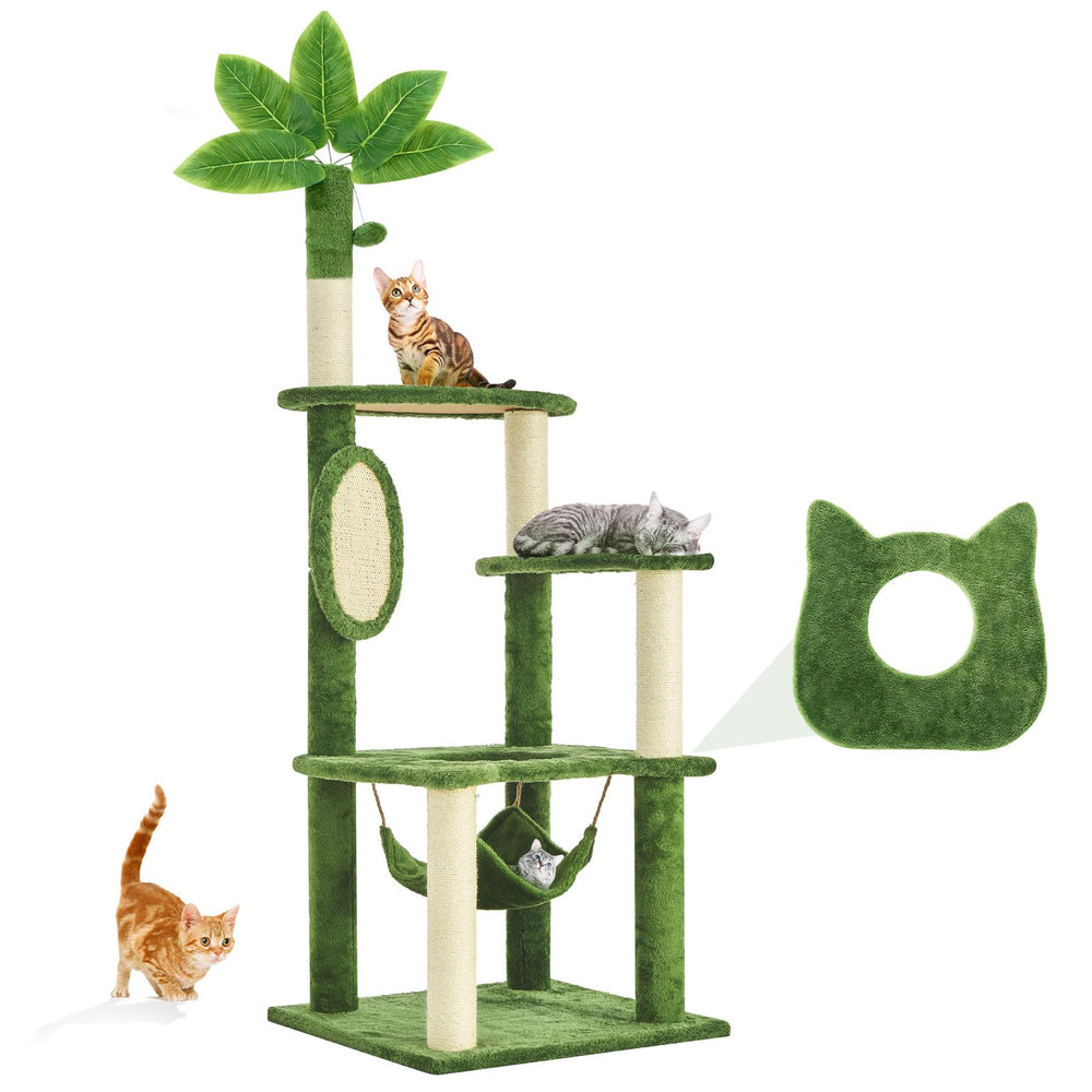 TSCOMON arbre à chat 61 pouces avec feuilles vertes, espace élevé pour observation.