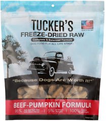 Tucker's Raw Frozen – sac lyophilisé boeuf-potiron prêt à réhydrater rapidement.