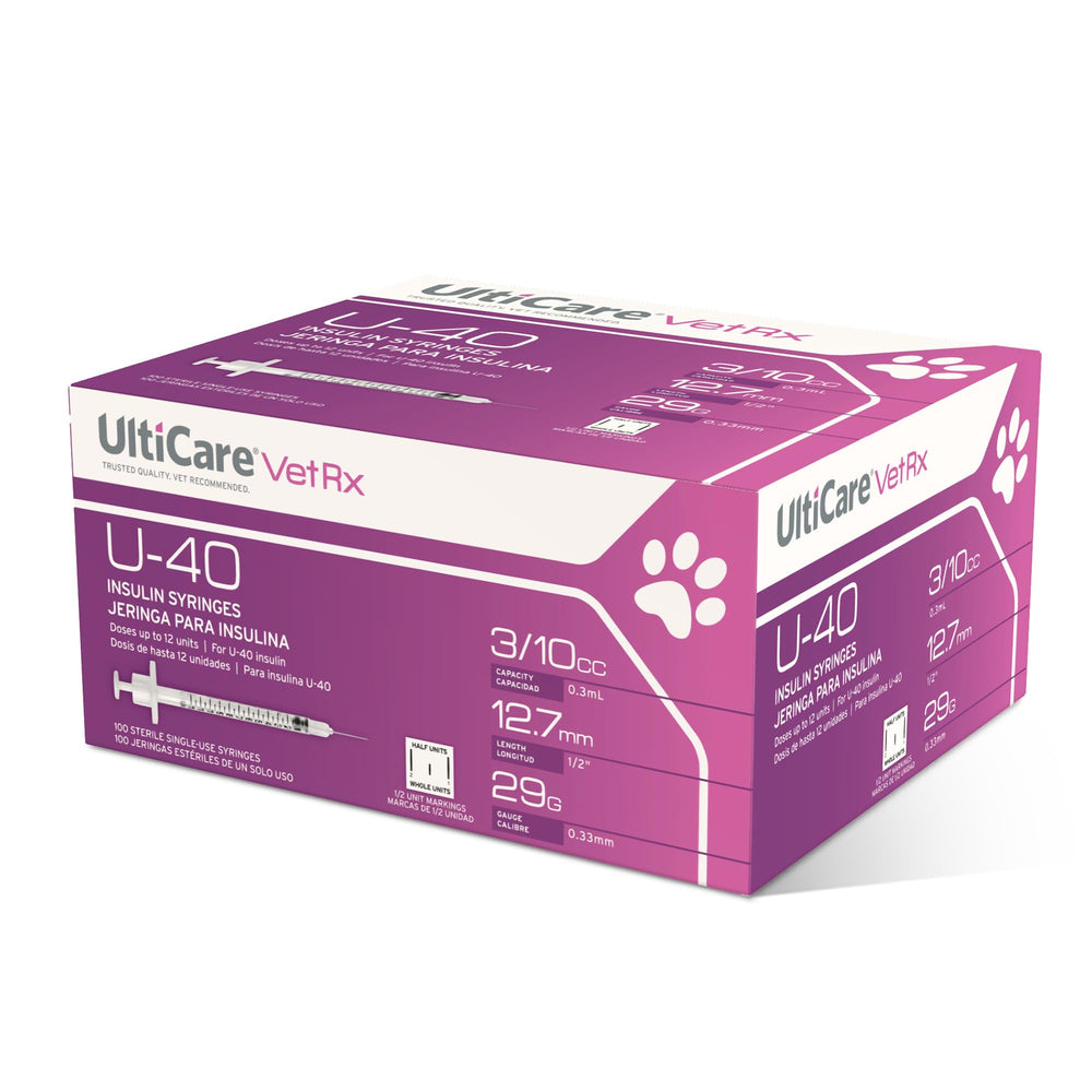 UltiCare VetRx U-40, seringues d'insuline pour animaux, demi-unités et précision.