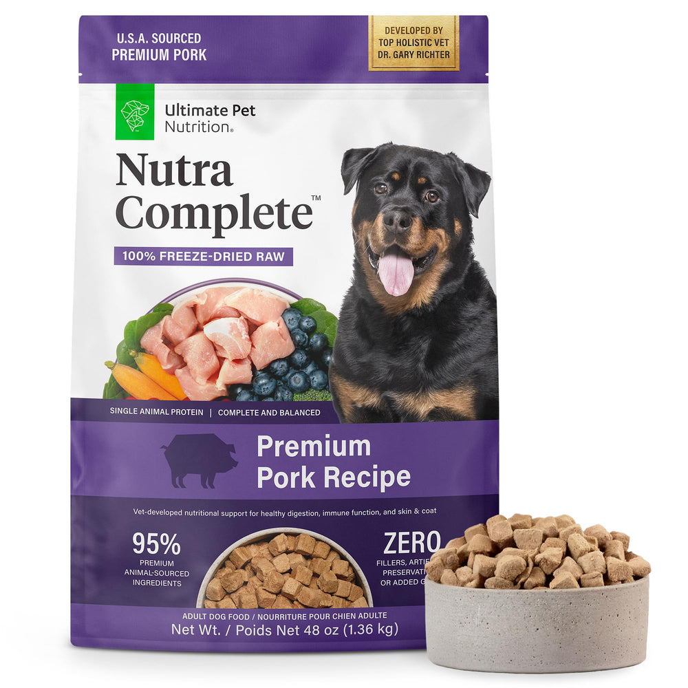 Nutra Complete d'ULTIMATE PET NUTRITION, bouchées au porc, favorisant une digestion saine.