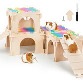 Maison Unicorn Catcher pour cobayes en bois avec escaliers et tapis, espace confortable.