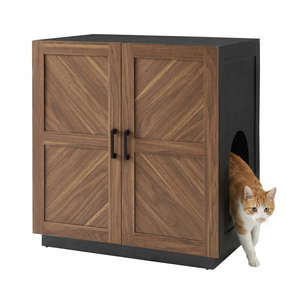 Unipaws enclos litière-meuble avec rangement, intégration élégante bois-noix et noir.