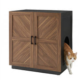 Unipaws enclos litière-meuble avec rangement, intégration élégante bois-noix et noir.