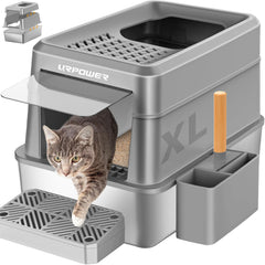 URPOWER bac litière inox avec couvercle, surface lisse et nettoyage facile.