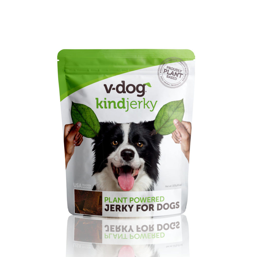 V-dog Kind Jerky emballage 8 onces, snack pratique pour les promenades quotidiennes.