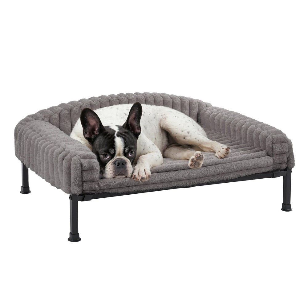 Lit chien surélevé Veehoo avec rebords gris, confort et sécurité.