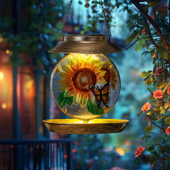 Mangeoire solaire VESTCDF suspendue sur branche attire les oiseaux et embellit le jardin.
