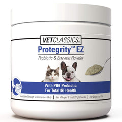 Vet Classics Protegrity EZ Probiotiques, emballage et poudre, soutien digestif potentiel pour chiens et chats.