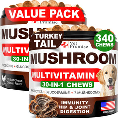 Vet Promise bouchées champignon queue-de-dinde pour chien, soutien potentiel du bien-être.