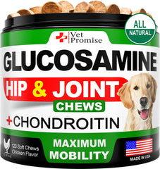 Emballage Vet Promise Glucosamine pour chien, soutien potentiel à la mobilité.