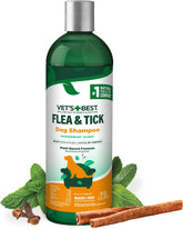 Vet's Best shampooing pour chien - flacon montrant l'action contre puces et tiques.