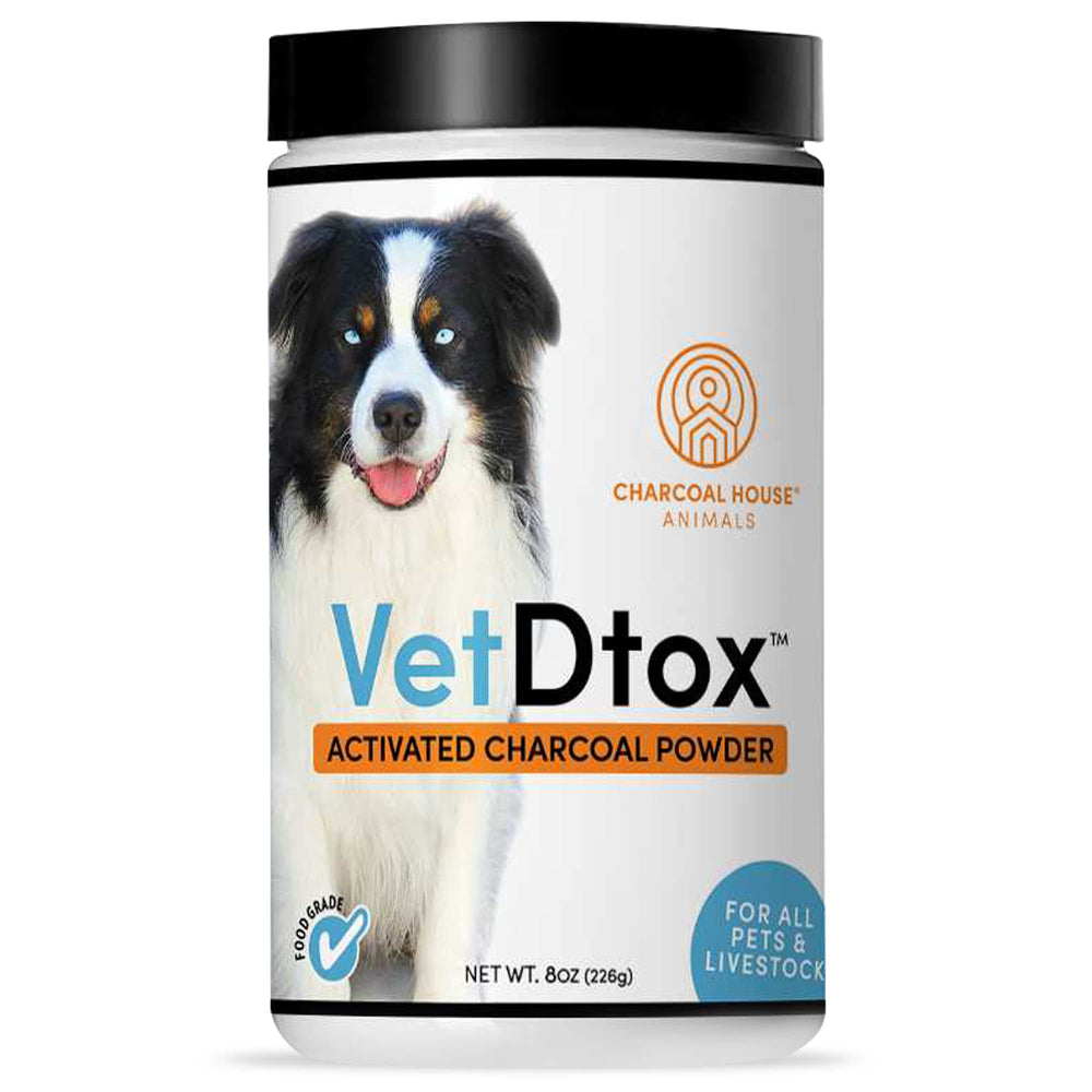 VetDtox Charbon Actif, poudre pour animaux, facile à administrer dans la nourriture ou l'eau.