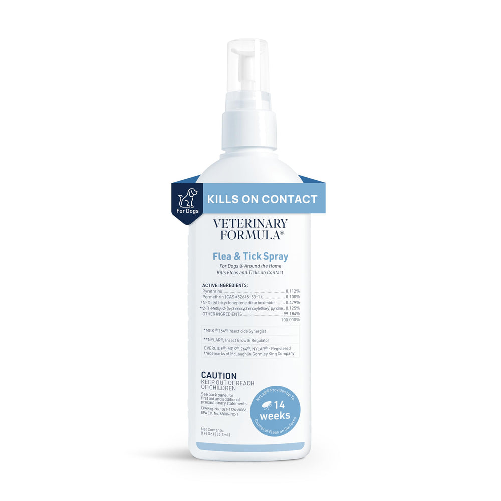 Spray Veterinary Formula pour chien, bouteille de 8 oz, tue puces et tiques au contact.