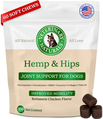 Veterinary Naturals Hemp & HIPS bouchées dans un pot, soutien potentiel à la mobilité des chiens.