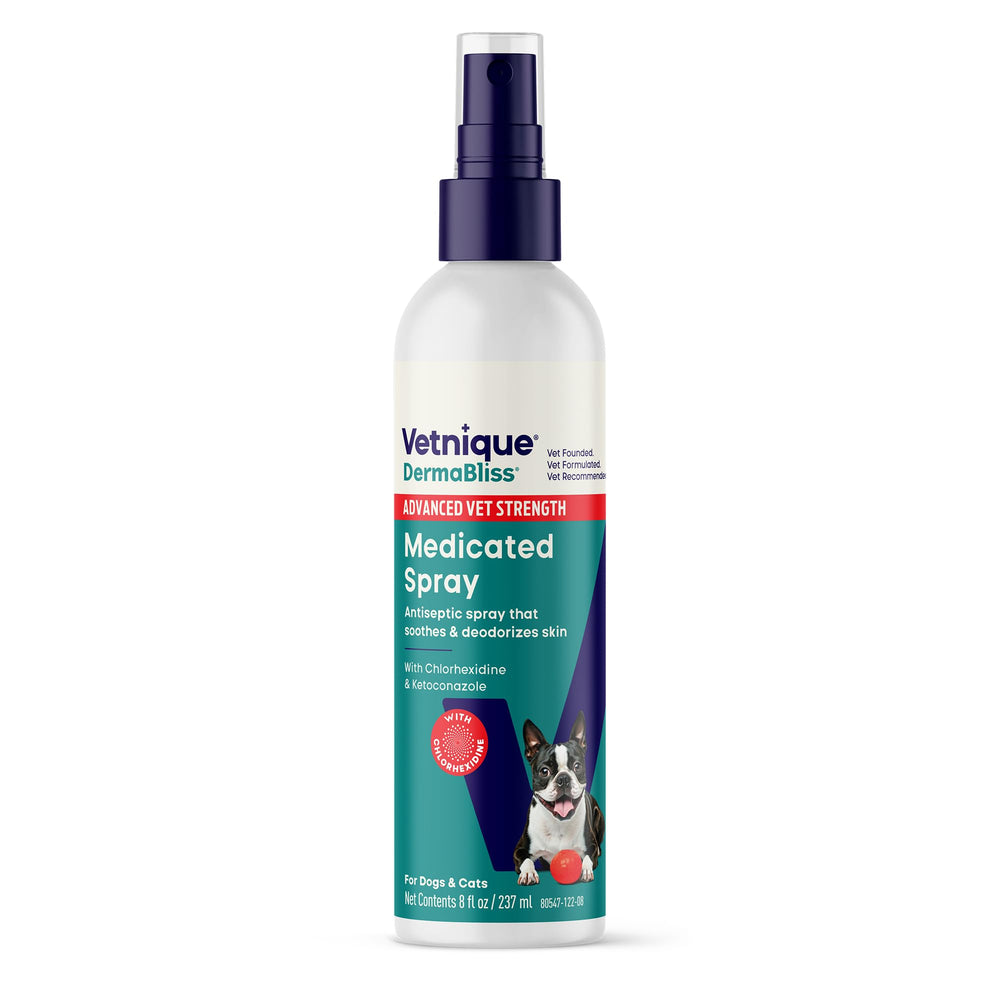 Spray chlorhexidine Vetnique DermaBliss pour chiens, pratique entre les bains.
