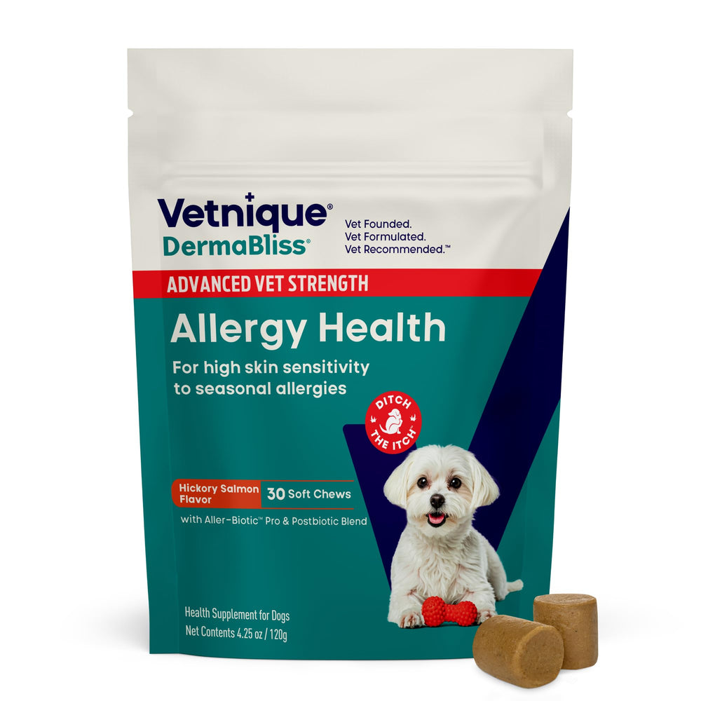 Vetnique DermaBliss - bouteille visible, soutien saisonnier pour la peau du chien.
