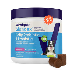 Vetnique Glandex – bouchées bacon pour chiens, soutien digestif quotidien.