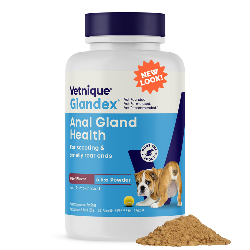 Vetnique Glandex en poudre pour chiens, aide potentielle pour soutenir les glandes anales.