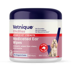 Vetnique Oticbliss lingettes oreilles chien, nettoyage en douceur et rafraîchissement.