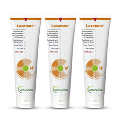 Photo du pack Laxatone Vetoquinol trois bouteilles au goût thon pour les poils.