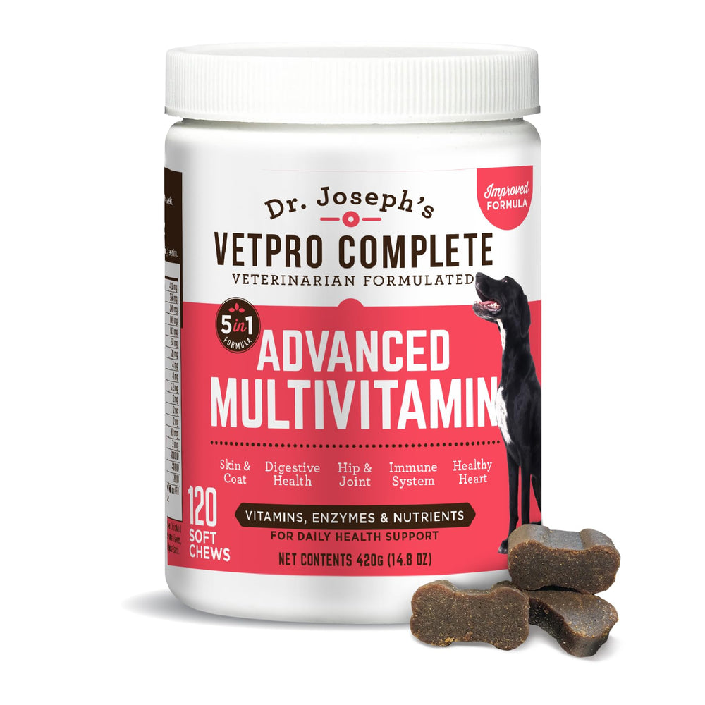 VetPro Complete: bouteille montrant les multivitamines pour chien et soutien à la vitalité.