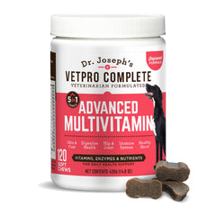 VetPro Complete: bouteille montrant les multivitamines pour chien et soutien à la vitalité.