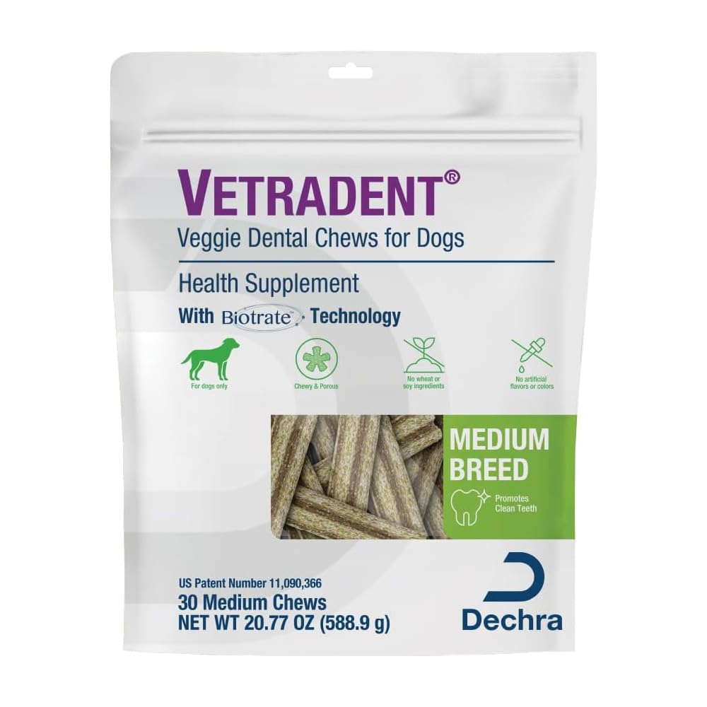 Vetradent Veggie Dental Chews emballage prêt à l’emploi pour chiens moyens.