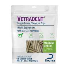 Vetradent Veggie Dental Chews emballage prêt à l’emploi pour chiens moyens.