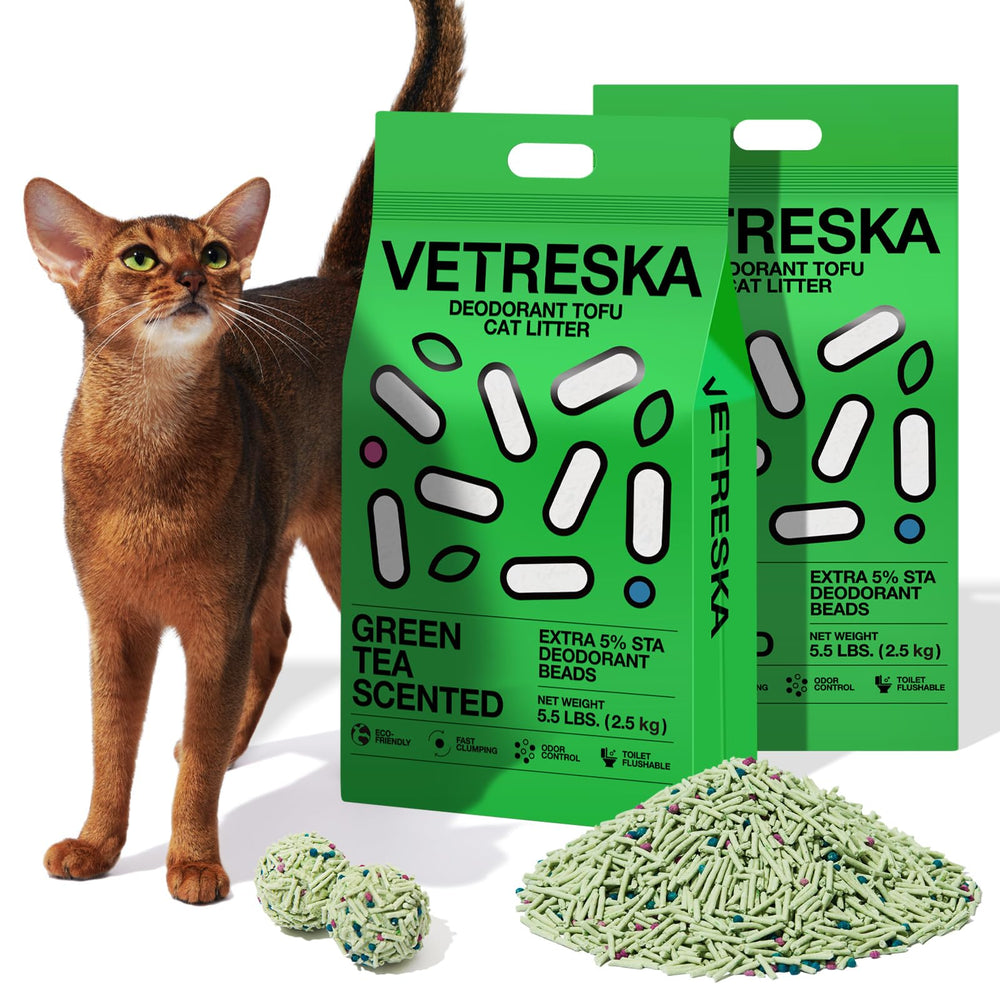 Litière VETRESKA Tofu Greentea, emballage sous vide pour transport sûr et propre.