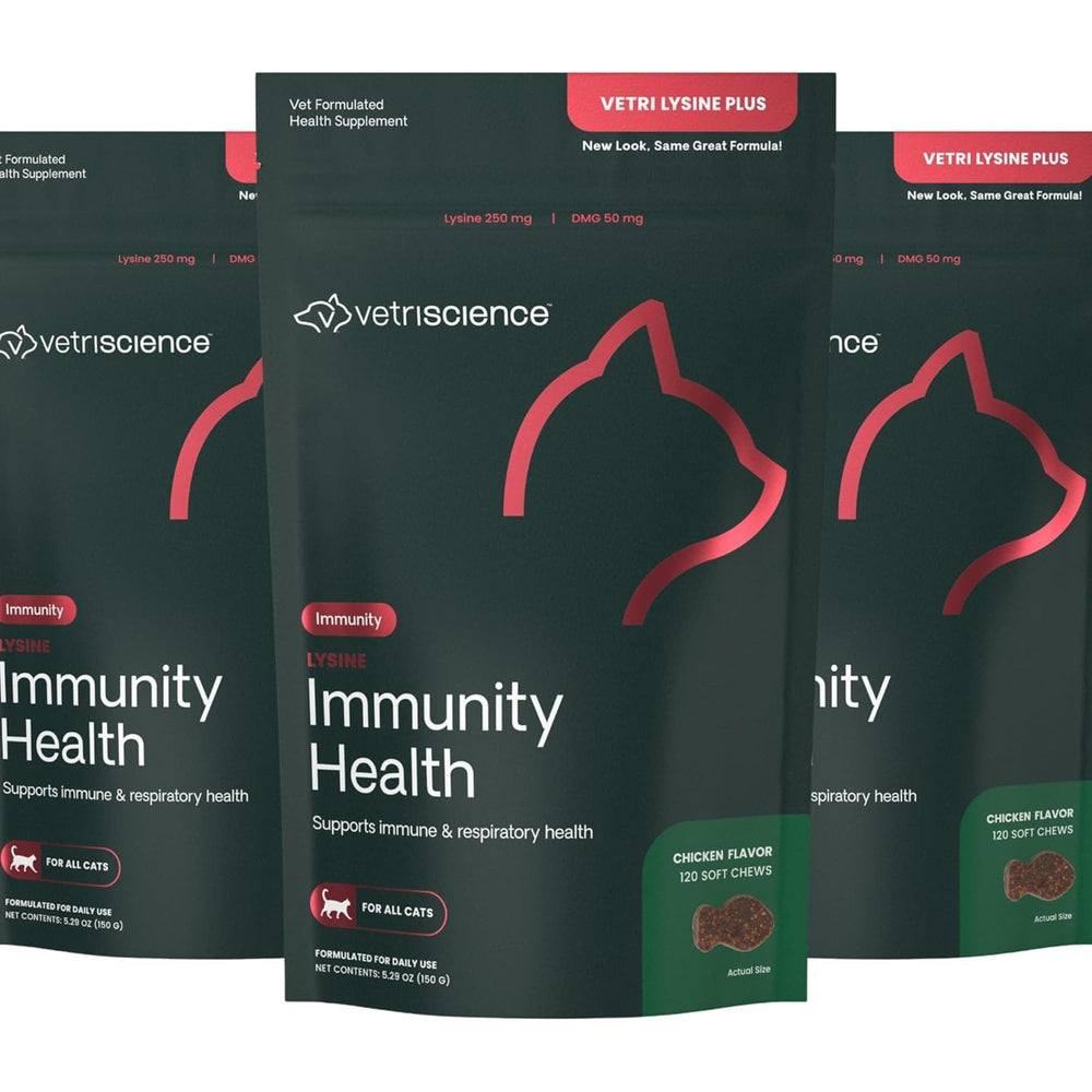 VetriScience Lysine Immunity Health Chews – emballage pratique pour l’usage quotidien.