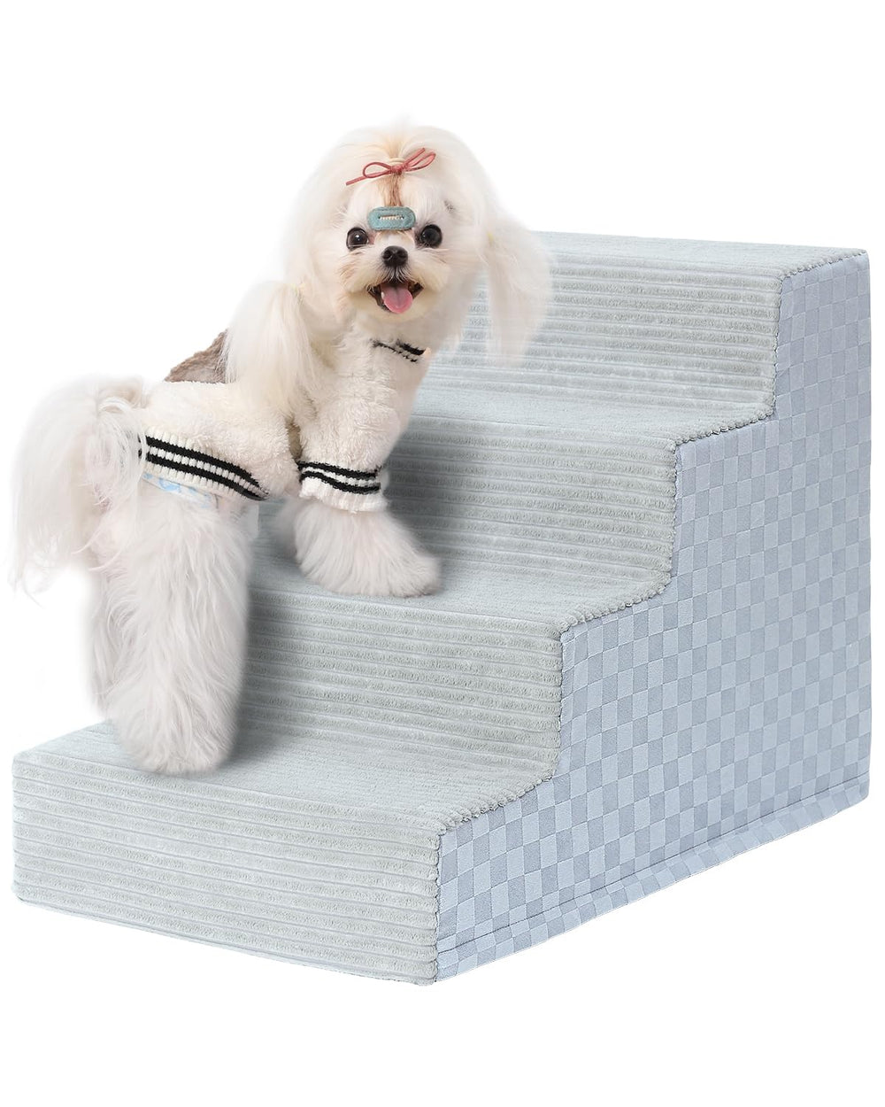 Escaliers Vfrog pour chien à 4 marches en gris facilitant l’accès au lit.