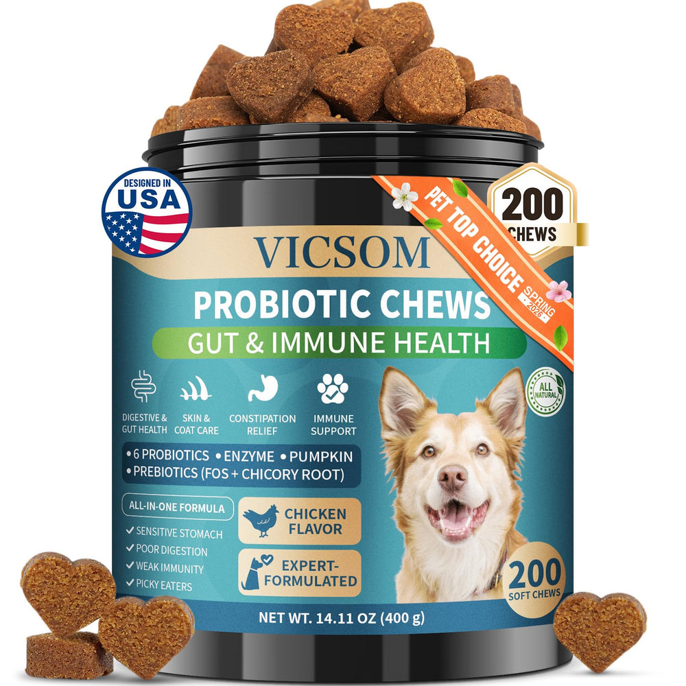VICSOM Probiotiques chien: pot de 200 friandises, commodité et dosage faciles.