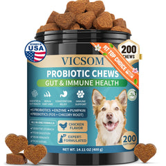 VICSOM Probiotiques chien: pot de 200 friandises, commodité et dosage faciles.