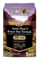 Croquettes Victor agneau farine riz brun, protéines élevées pour chiens actifs.